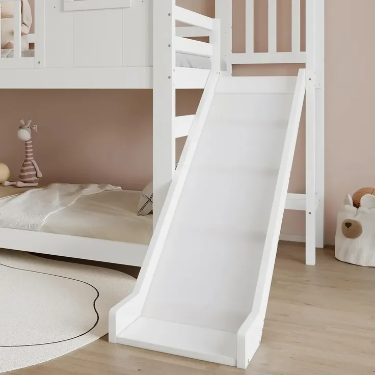 Etagenbett mit 2 Liegeflächen, Lattenrost, Rausfallschutz und Rutsche, 90x200cm, Hausbett, Spielbett, Kinderbett, Kiefer – Bild 5