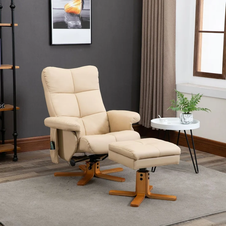 DESVIAE Sessel mit Massagefunktion und Fußhocker 80x99x86 cm Polyester Cremeweiß – Bild 1
