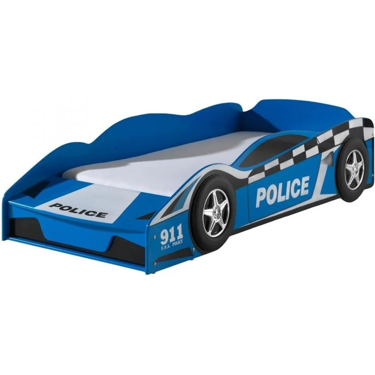 Set POLICE Kinder-Autobett inkl. Matratze, mit 70 x 140 cm Liegefläche, Ausf. MDF blau glänzend lackiert – Bild 1