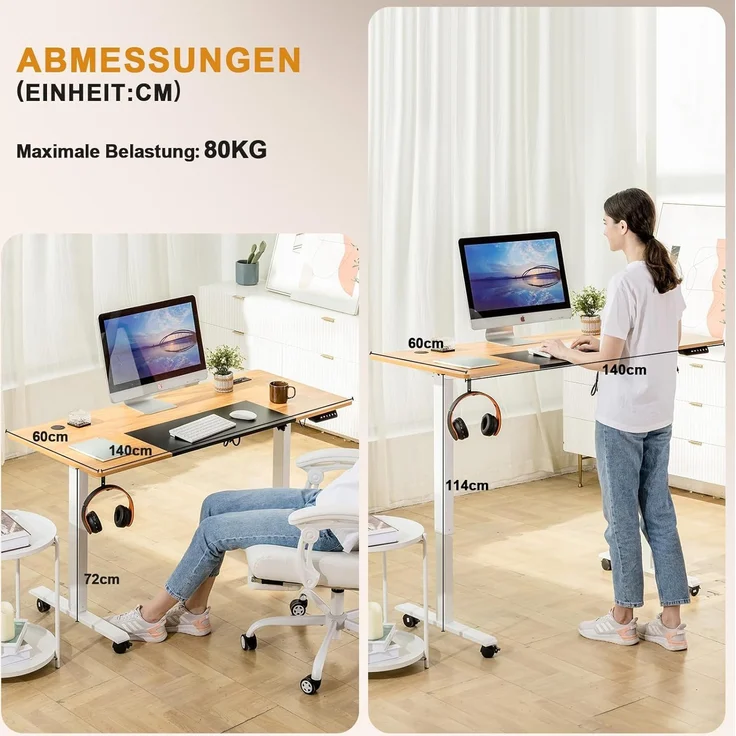 COMHOMA Höhenverstellbarer Schreibtisch 140x60 cm mit USB-Buchse und Haken, Elektrisch Verstellbarer Computertisch, Steh-Sitztisch Stehpult Stehschreibtisch braun – Bild 5