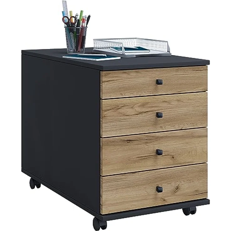 MID.YOU Rollcontainer Anthrazit, Honigeiche, 4 Schubladen, 42x57x50 cm aus Kunststoff für das Arbeitszimmer – Bild 1