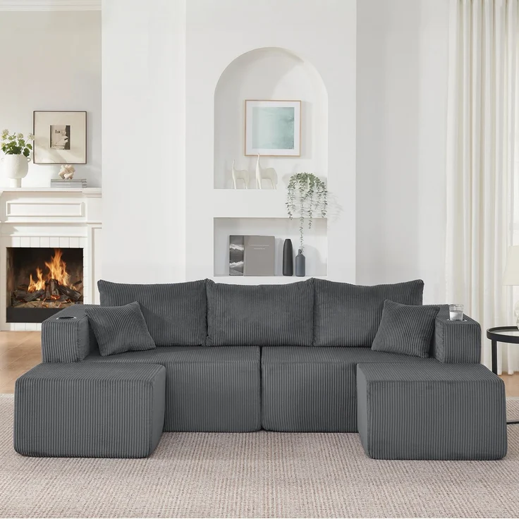 Modulares 3-Sitzer-Ecksofa aus Cordstoff mit Ottomanen & Getränkehaltern, H 75 x T 138 x B 230 cm, Grau – Bild 2