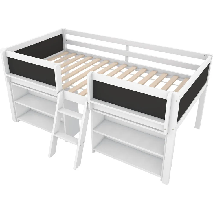 Kinder Halbhohes Bett 90x200 cm mit Aufbewahrungsfächern,Sicherheitsgeländer,stabile Leiter, Zeichentafel,multifunktionales Hochbett – Bild 10
