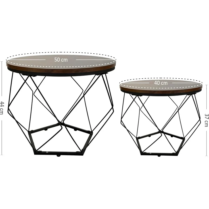 Home Collective Couchtisch Set, Wohnzimmertisch, Rund Tisch, mit modernem Metallgestell (Satz von 2), 50x44 & 40x37 cm, Braun Holzoptik – Bild 2