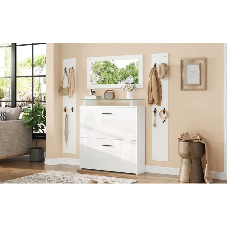89.5*23*96.5cm Garderoben-Set 4-teilig mit Spiegel,2 Hutablage und Hochglanz Schuhschrank. Flur Garderobenständer Kleiderständer Set,Flurgarderoben Set,Kompaktgarderobe mit 8 Kleiderhaken,Weiß--Weiß--89.5x23x96.5cm--YOUDENOVA – Bild 7
