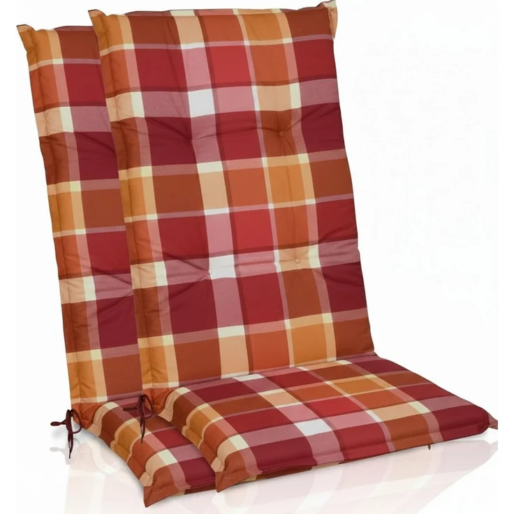 Beautissu Hochlehnerauflage 2er Set Hochlehner Auflagen Set 120x50 cm Polster Rot Kariert, 6cm Dicke Polsterauflage rutschfest UV-Lichtecht 5 Stuhlkissen – Bild 1