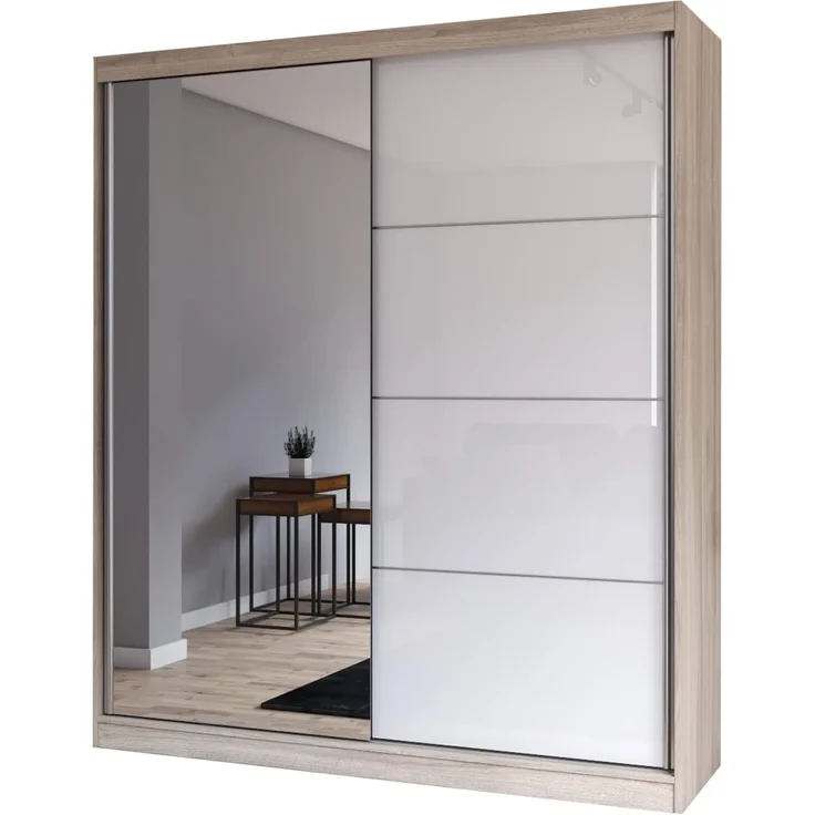 Fabryka Mebli Idźczak Schiebetürenschrank, eleganter Kleiderschrank Schrank Garderobe Spiegel Multi 35-180 cm, Schlafzimmer- Wohnzimmerschrank Schiebetüren Modern Design (Sonoma/Weiß)