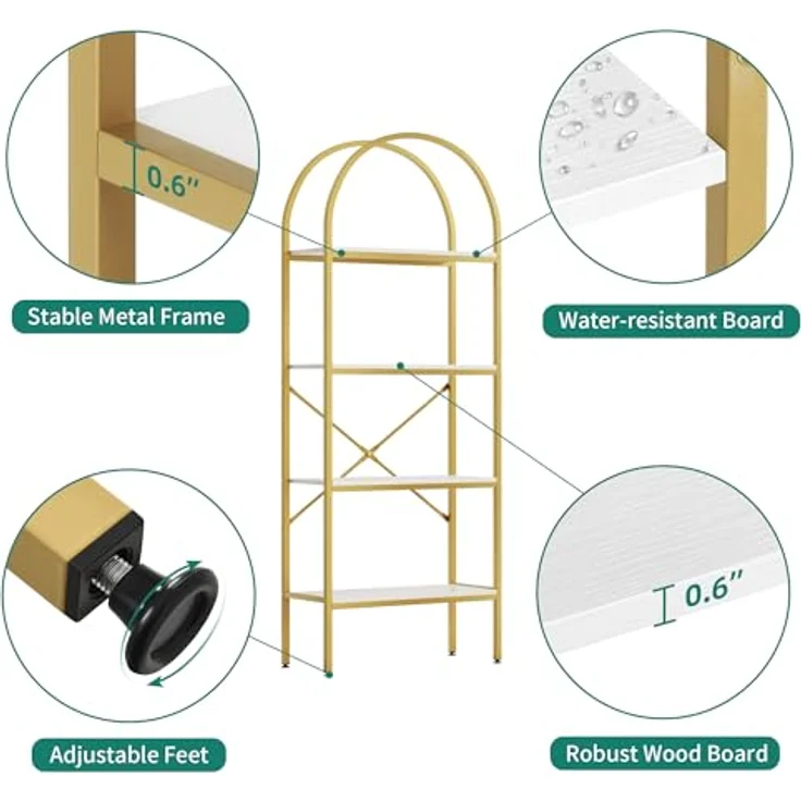 YITAHOME 4-stöckiges Bogenregal, Kuppelregal, freistehendes Aufbewahrungsregal für Wohnzimmer, Schlafzimmer, Arbeitszimmer, Weiß & Gold, 60 x 30 x 181,4 cm – Bild 6