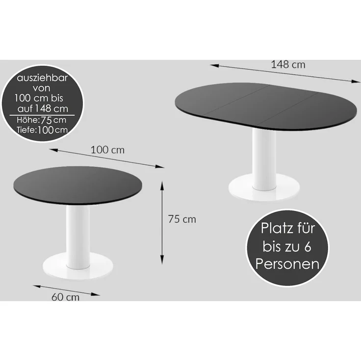 designimpex Esstisch Design HES-111 Tisch rund oval Hochglanz ausziehbar 100-148cm – Bild 2