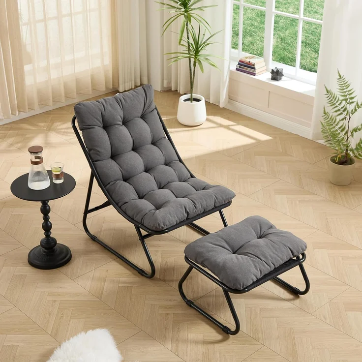 LVHOM Sessel mit Hocker, Gepolsterter Loungesessel aus Cord mit Metallgestell, ergonomischer Relaxsessel für Wohnzimmer und Schlafzimmer, Dunkelgrau – Bild 6