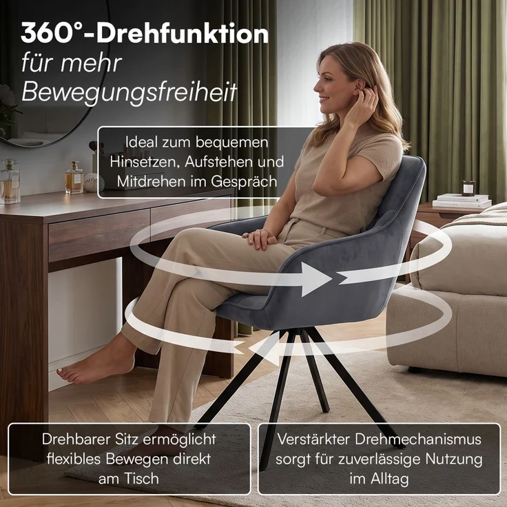 skølm 'Sköll' Esszimmerstühle, 4er Set, dunkelgrau, gepolstert mit Samt-Bezug, höhenverstellbar & drehbar, Polsterstühle mit Armlehnen, bis 150 kg belastbar – Bild 2