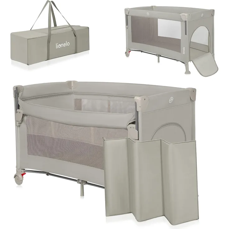 Lionelo Ellen 3 in 1 Reisebett von 0 bis 3 Jahren, Beistellbett für Neugeborene und ältere Kinder bis 15 kg, 2 Matratzenhöhen, Befestigungsgurte, seitlicher Reißverschluss, 2 Rollen, Tasche