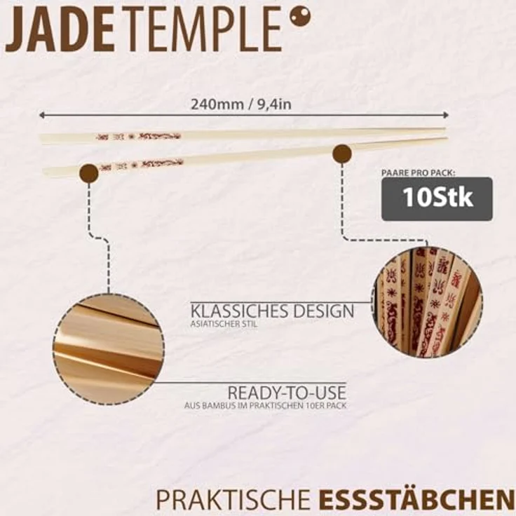 JADE TEMPLE Einweg Essstäbchen aus Bambus, 24 cm, mit asiatischer Verzierung, geschmacksneutral, 10 Paare pro Vorteilspackung, 24.5 x 14 x 6 cm, Braun – Bild 5
