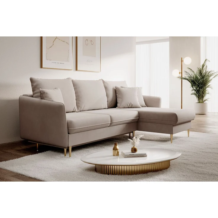 Selsey 'Volio' Ecksofa mit Schlaffunktion, Samt wasserabweisend, Goldene Beine, Beige – Bild 3