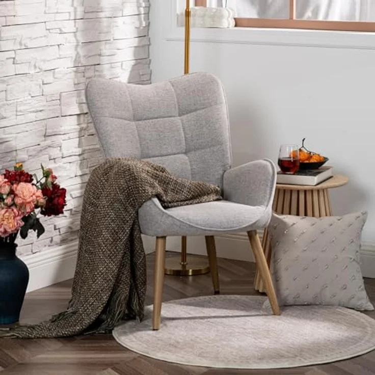 MEUBLE COSY Sessel Relaxsessel Lehnstühle Polstersessel Einzelsofa mit Holzbein Ohrensessel für Wohnzimmer Schlafzimmer Büro Vanity, Stoff, Beige – Bild 3