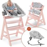 Hauck Alpha Plus Newborn Set mit Premium Bouncer - Baby Holz Hochstuhl ab Geburt mit Liegefunktion - extra flacher Aufsatz für Neugeborene & Baumwolle Sitzpolster - Rosa Grau