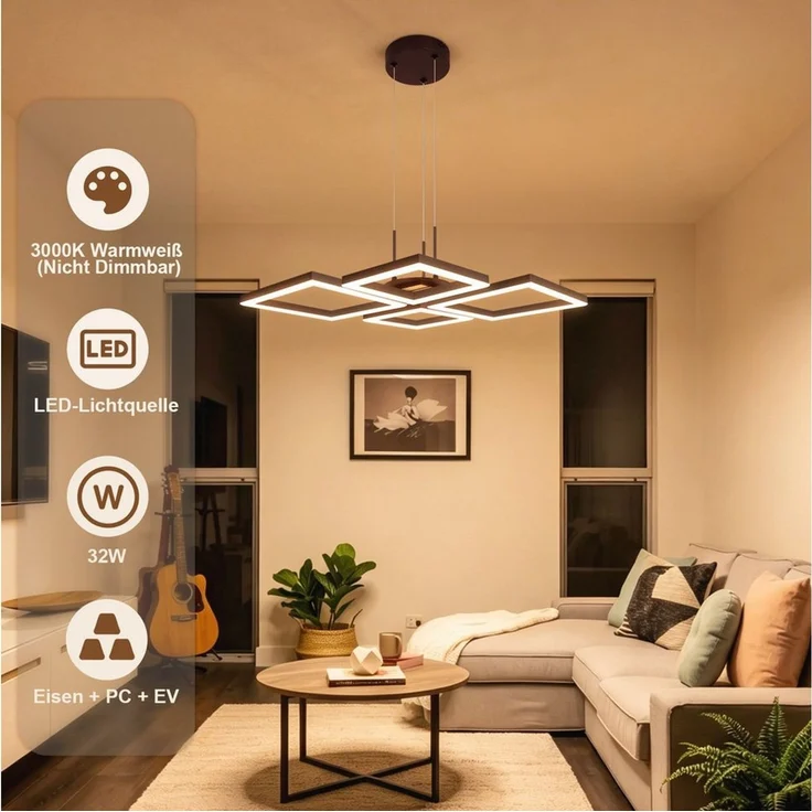 Nettlife LED Pendelleuchte Esstisch Modern Hängelampe Holzoptik Schwarz Metall 21/32W, LED fest integriert, 3000K Warmweiß für Esstisch Wohnzimmer Küche 48*45.5*110cm – Bild 2