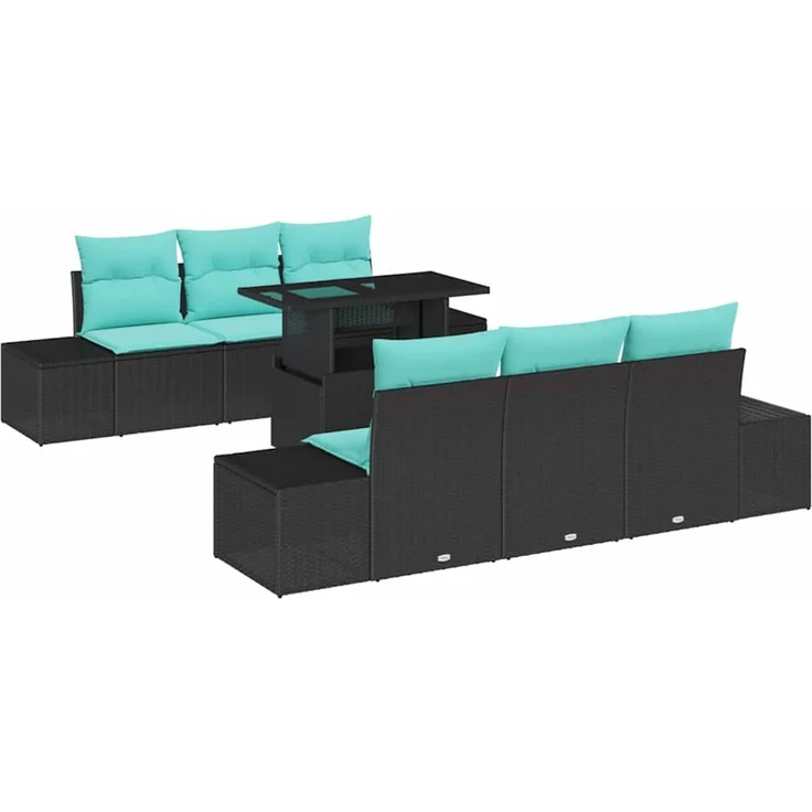 vidaXL Sofa Set 7 stk. 6-Sitzer Schwarz und Blau Poly-Rattan 3349112 – Bild 2