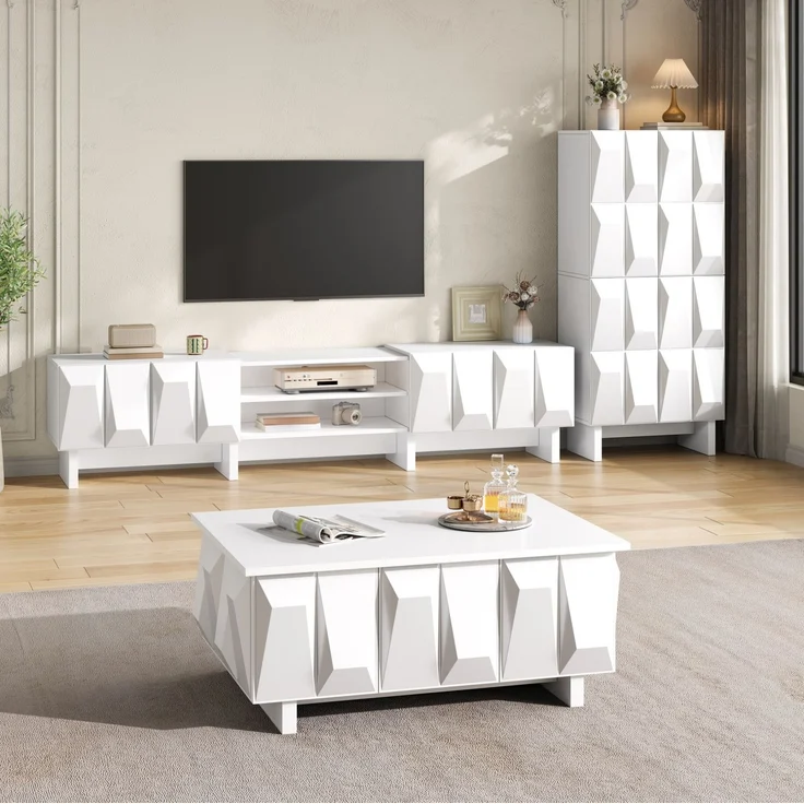 DESVIAE Sideboard-Set 3-tlg. Weiß aus Spanplatte – TV-Lowboard 180x44,5x34 cm – geometrische 3D-Fronten – Bild 6