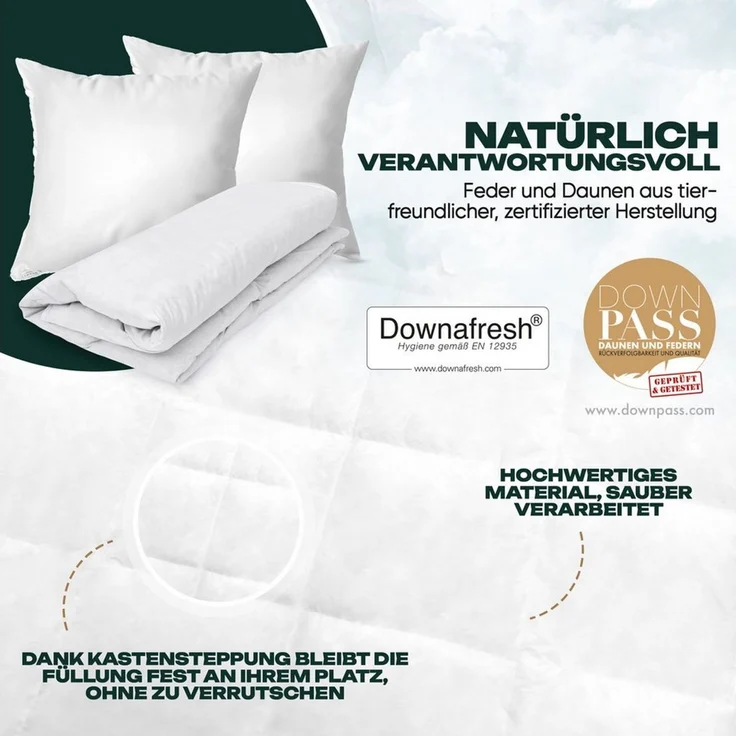 Waidmeister Federbettdecke Feder-/Daunenbettdecke + Kopfkissen Bettenset 4teilig Premium Qualität, 4-teiliges Bettenset mit Feder und Daunenfüllung – Bild 2