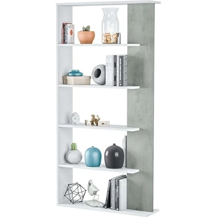 Habitdesign Alida, Regal mit 5 Regalböden, Bücherregal für Esszimmer, Wohnzimmer, Finish in Arktisweiß und Zementgrau, Maße: 180 cm (H) x 90 cm (B) x 25 cm (T)