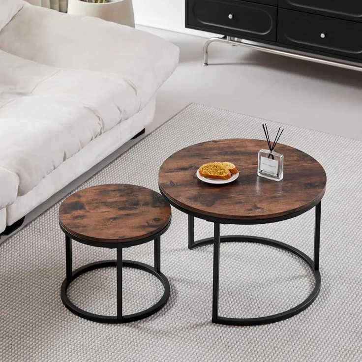 GrandCA HOME Couchtisch 2er Set,Stapelbarer Couchtisch, Couchtische Rund, MDF-Tischplatte, Schwarze Tischbeine aus Edelstahl，Geeignet für Wohnzimmer, Esszimmer（Ø60x45H cm，Ø40x35H cm，Dunkle Eiche）