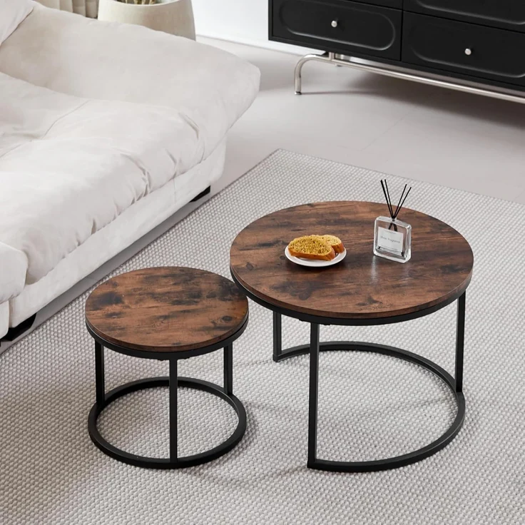 GrandCA HOME Couchtisch 2er Set,Stapelbarer Couchtisch, Couchtische Rund, MDF-Tischplatte, Schwarze Tischbeine aus Edelstahl，Geeignet für Wohnzimmer, Esszimmer（Ø60x45H cm，Ø40x35H cm，Dunkle Eiche）