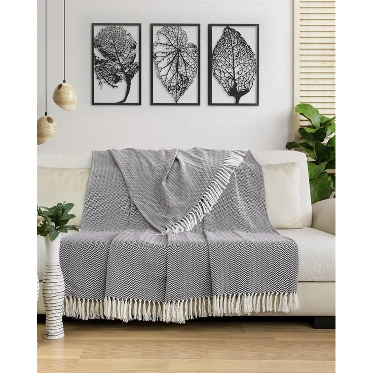 Gräfenstayn Tagesdecke mit Fransen aus 100% Baumwolle – Baumwolldecke mit Fischgrätenmuster, Wohndecke als Sofa-Überwurf, Bett-Überwurf, Couch-Überwurf, Sofa-Decke – Bild 3