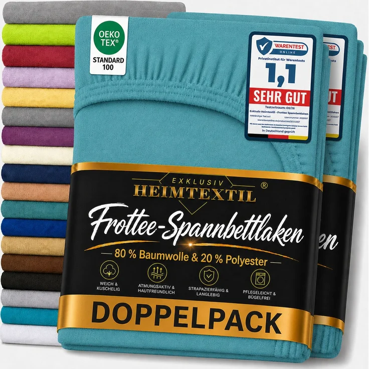Doppelpack Frottee Spannbettlaken 180 - 200 x 200 cm Türkis – Bild 1