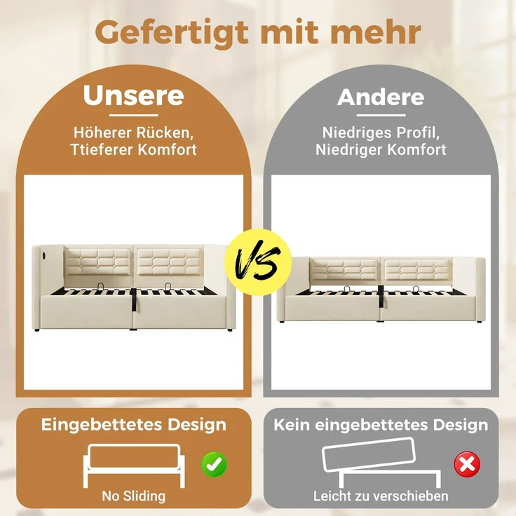 Merax Daybett Hydraulisches Polsterbett 90x200cm mit USB & Type C, Schlafsofa Tagesbett mit Ablagefächer, Einzelbett Jugendbett, Samt, Beige – Bild 7