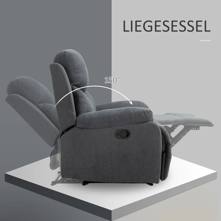 Wohnora-Relaxsessel Lesesessel Liegefunktion, 150° neigbar, Leinenoptik, Dunkelgrau,H 1020cm x T 930cm x B 880cm – Bild 5