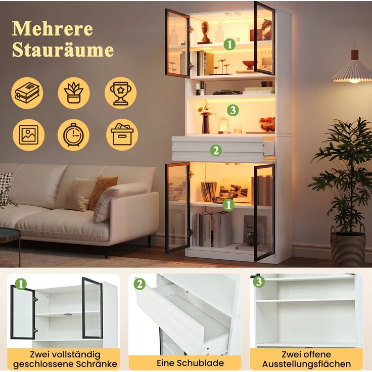 DESVIAE Regal-Set 2-tlg. Weiß aus MDF – 160x200x35 cm – 8 Glastüren, 2 Schubladen, LED-Beleuchtung – Bild 5