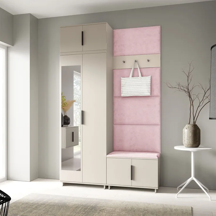 Garderoben-Set Napoli Version 4: Kleiderschrank mit Polsterpaneelen, Schuhschrank Flur und Eingangsbereich (Cashmere/Trinity 19), 229 x 40 x 140 cm