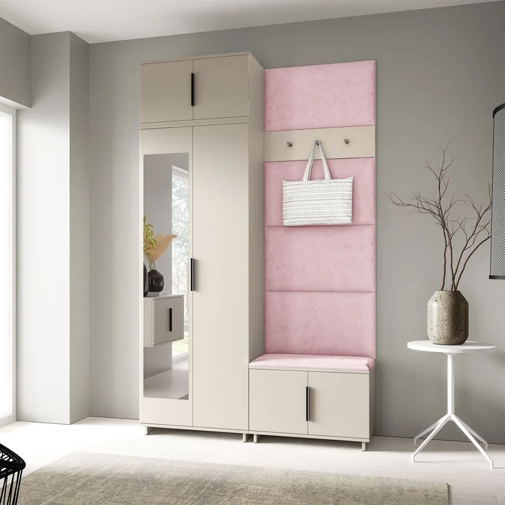 Garderoben-Set Napoli Version 4: Kleiderschrank mit Polsterpaneelen, Schuhschrank Flur und Eingangsbereich (Cashmere/Trinity 19), 229 x 40 x 140 cm – Bild 1