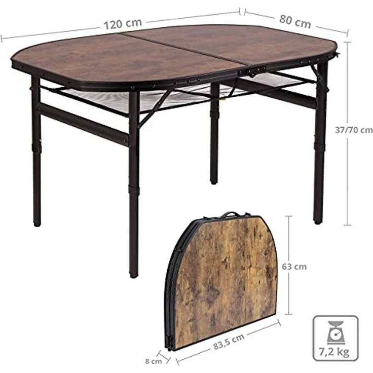 BO-Camp Campingtisch Industrial Melrose, 120x80 cm, Schwarz mit Holzoptik, 7,2 kg, 30 kg Belastbarkeit, Aluminium, MDF – Bild 2