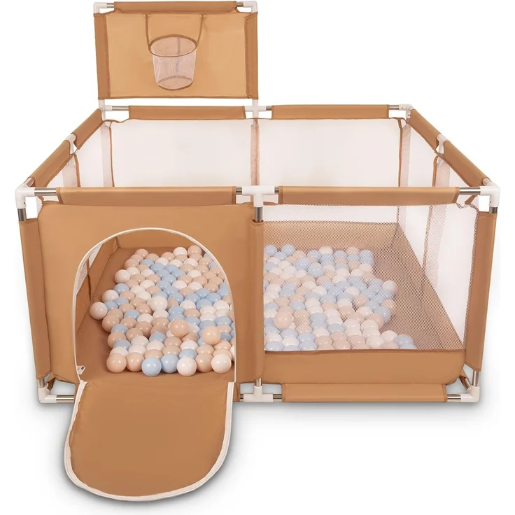 Selonis Laufstall Mit Korb Und 400 Bälle Laufgitter Für Kinder, Beige:Pastellbeige/Pastellblau/Weiß – Bild 1