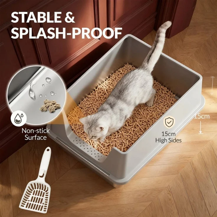 Halupeit XXL Katzentoilette aus Edelstahl, hoher Rand zum Schutz vor Spritzern und Auslaufen, leicht zu reinigen, Streuschaufel inklusive, Hellgrau, 61 x 40.5 x 29.5 cm – Bild 6