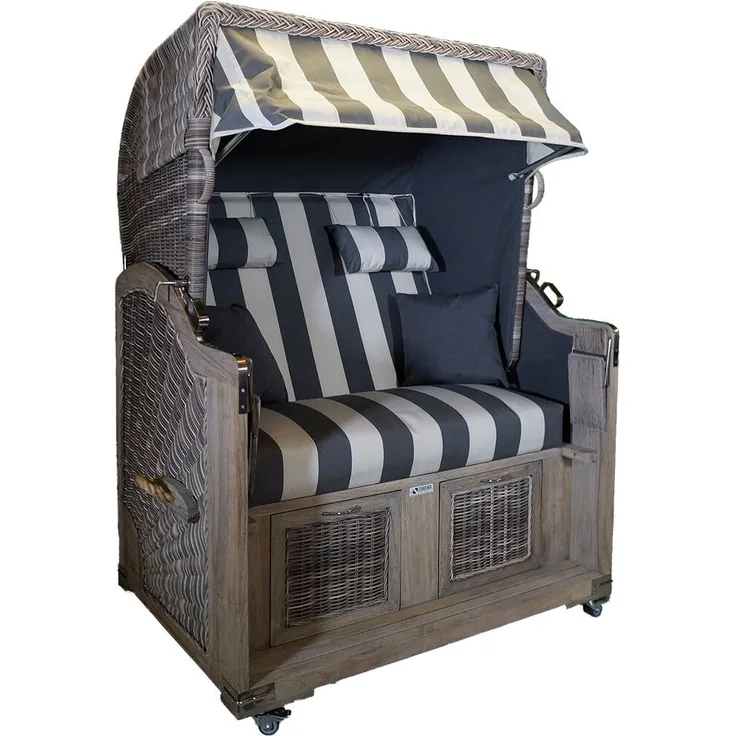 Strandkorb Teak Grey Washed grau / weiß Stoff 2 Sitzer Voll-Liegemod.