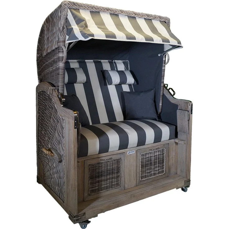 Strandkorb Teak Grey Washed grau / weiß Stoff 2 Sitzer Voll-Liegemod. – Bild 1