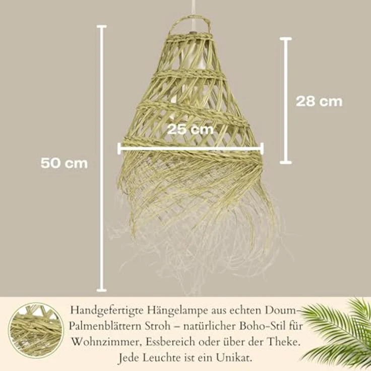 Marrakesch Orient & Mediterran Interior Pendelleuchte Bayamo, handgefertigte Boho Lampe aus Palmenblatt, 28 cm, E14 Fassung, Natur – Bild 3