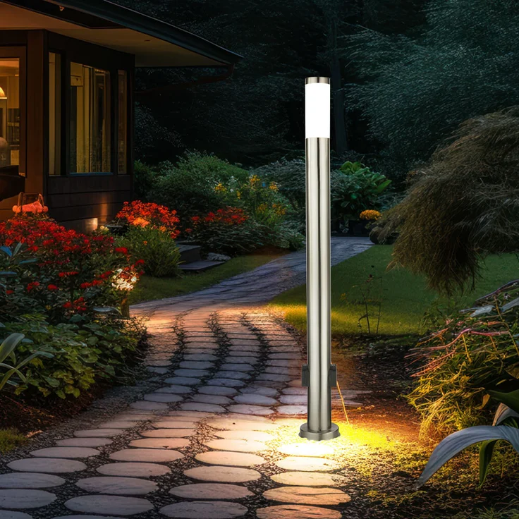 Stehlampe, 2x Steckdose, Edelstahl, silber, H 110 cm – Bild 3