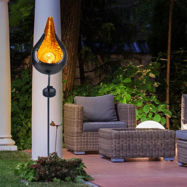 3x LED Solar Stecklampen, schwarz, gold, Feuereffekt, H 93 cm – Bild 10