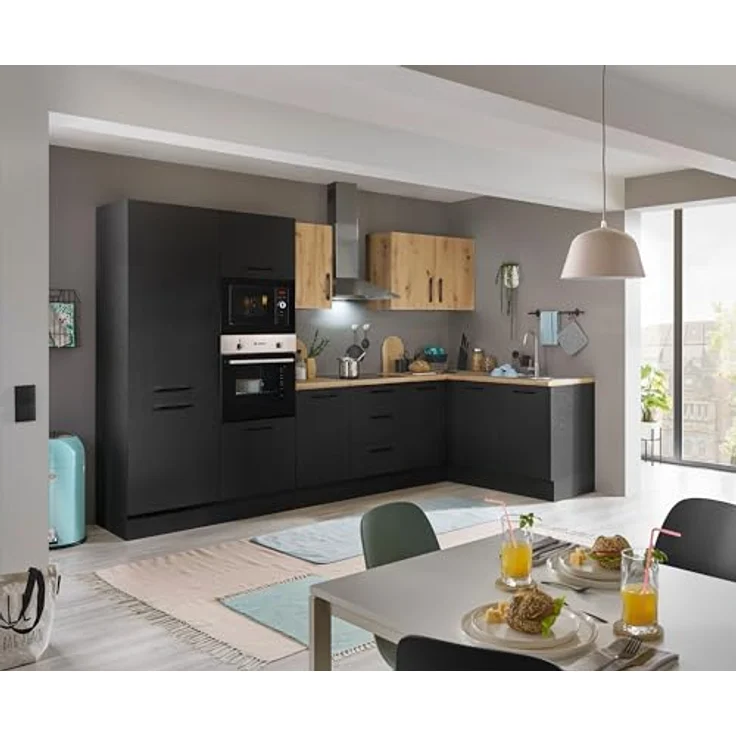 Turin LBM Eckküche 330 x 211 x 60 cm, schwarz - Ohne Küchengeräte - Moderne, geräumige Küche in Artisan-Eiche Optik mit viel Stauraum – Bild 2