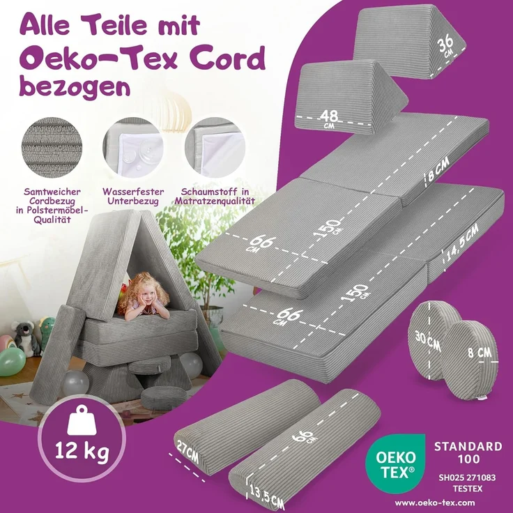 Linodino Kindersofa Spielsofa I Schaumstoff Stapelsteine für Kinder I Kindercouch, 3 Jahre Garantie – Bild 5
