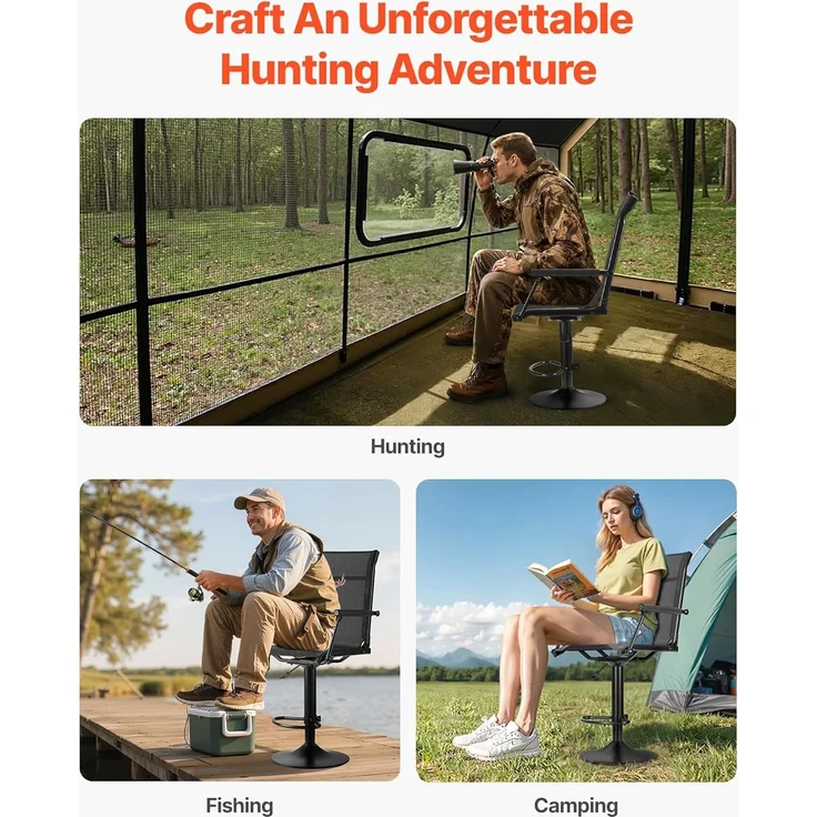 VEVOR Faltstuhl Campingstuhl Anglerstuhl mit gepolsterten Armlehnen, höhenverstellbarer Klappstuhl Gartenstuhl (136 kg belastbar) 360° geräuschlos drehbar, für Picknick Garten Outdoor Angeln – Bild 8