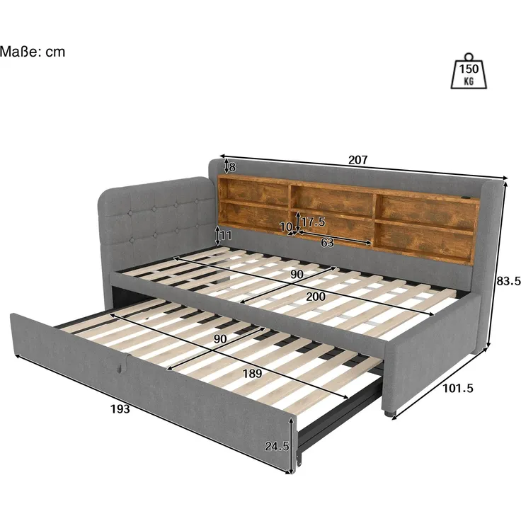Stauraumbett mit Lattenrost, Regal, USB und Type-C Anschluss, 90x200cm/180x200cm, Liegefläche erweiterbar, Einzelbett, Polsterbett, Leinen – Bild 6