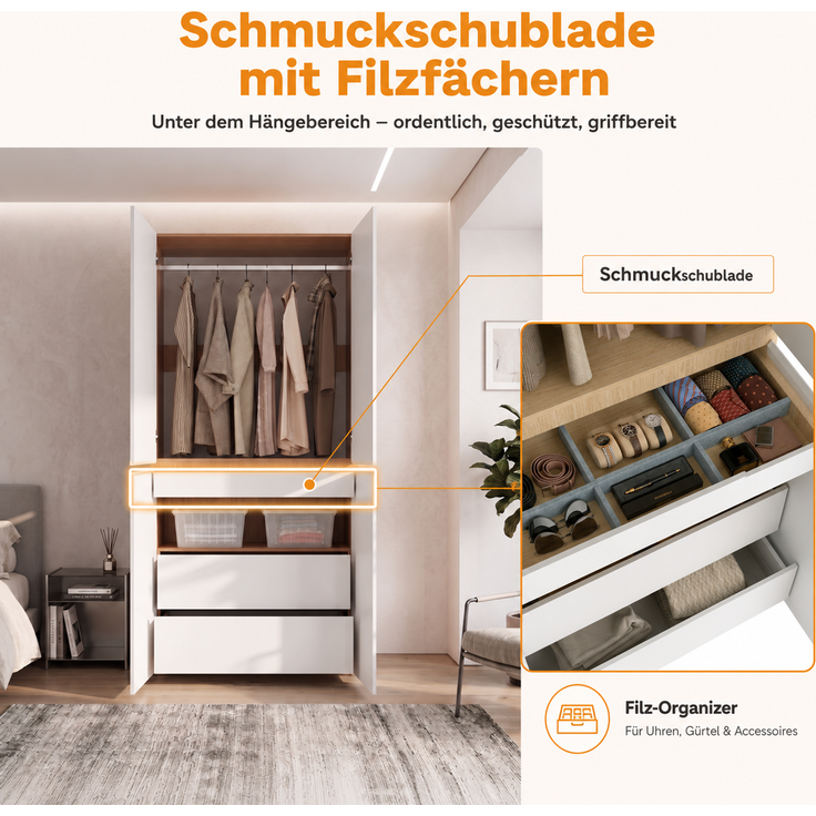 Kleiderschrank Garderobenschrank mit Schmuckschublade, 90 x 50 x 200 cm, mit 4 Türen, 1 Kleiderstange und 2 Schubladen, moderner Hochschrank für Schlafzimmer, Flur, Kinderzimmer oder Büro, Eiche/Weiß--Weiß--90x50x200cm--YOUDENOVA – Bild 10