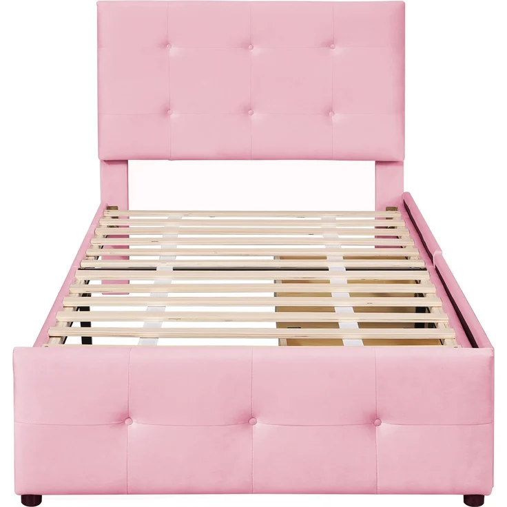 Merax Polsterbett 90 x 200 cm Bett mit Lattenrost, Rückenlehne und zwei Schubladen, hautfreundlicher Samtstoff Beige flaches Gästebett (Rosa) – Bild 9