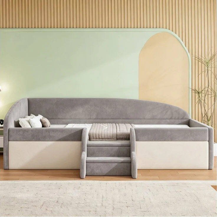 Flieks Polsterbett, Kinderbett Schlafsofa Einzelbett 90x190cm mit Treppe und Lattenrost – Bild 2