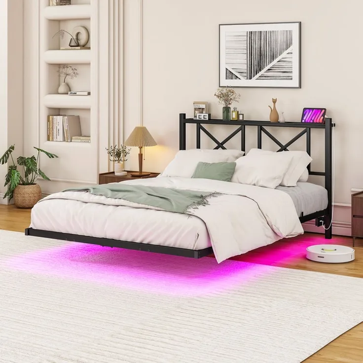 Homerecommend Schwebebett 120x200 cm, Bettrahmen mit LED-Beleuchtung, Steckdose und 2 USB-Anschlüssen, Vintage Schwarz